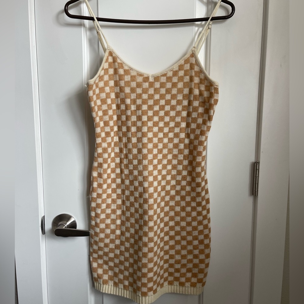 12th Tribe NWT Boutique Knight Me Gold Wool Checkered Yara Knit Mini Dress M